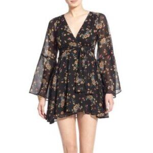 Free People Lilou Floral Bell Sleeve Dress Women M Chiffon V-neck Lined Black